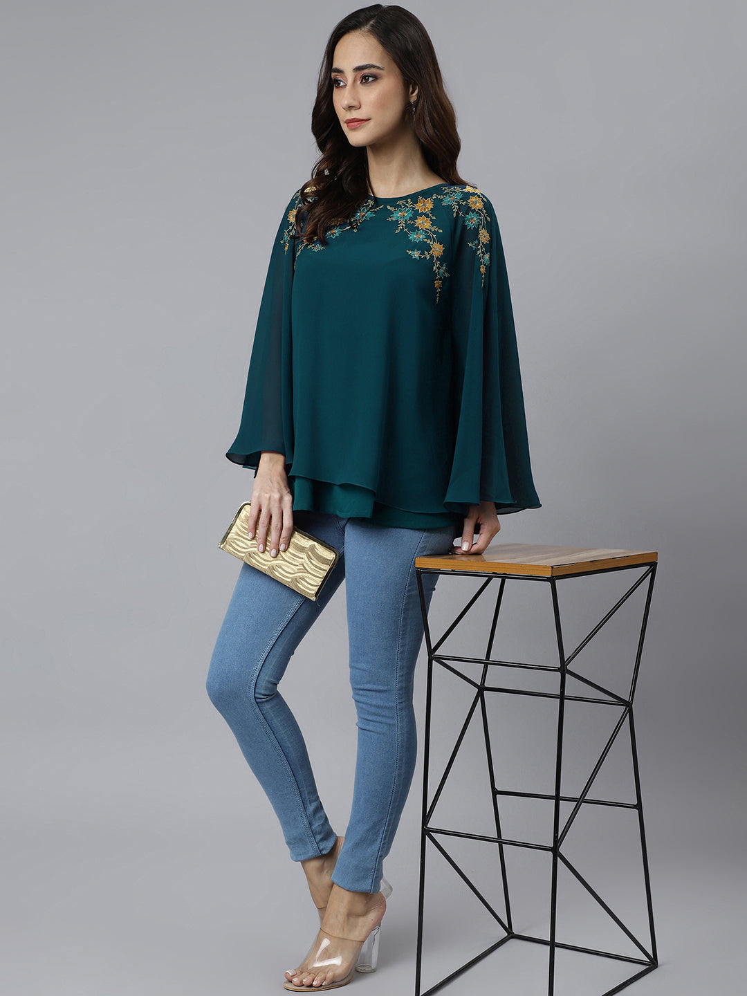 Janasya Women's Teal Blue Georgette Embellished Casual A-Line Top - Distacart