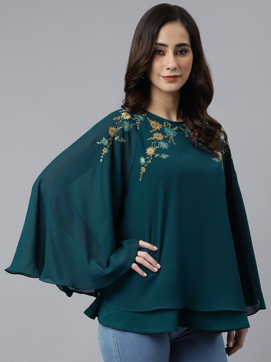 Janasya Women's Teal Blue Georgette Embellished Casual A-Line Top - Distacart