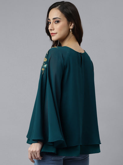 Janasya Women's Teal Blue Georgette Embellished Casual A-Line Top - Distacart
