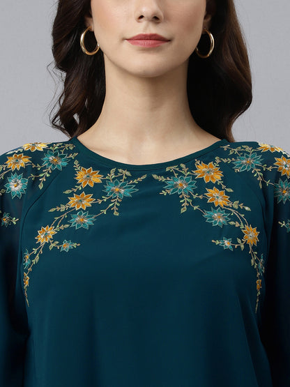 Janasya Women's Teal Blue Georgette Embellished Casual A-Line Top - Distacart