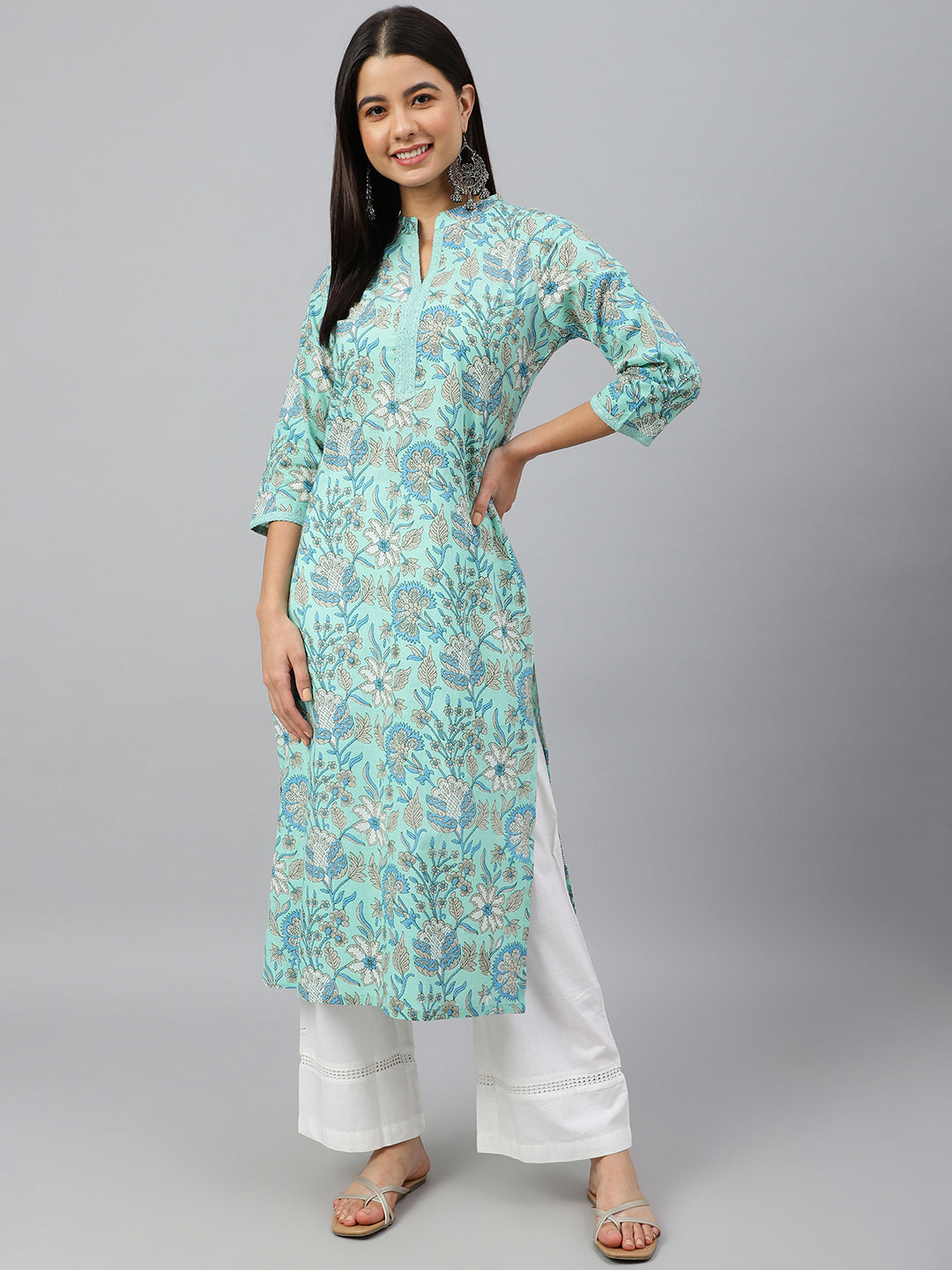 Janasya Women's Mint Green Cotton Floral Printed Casual Straight Kurta - Distacart