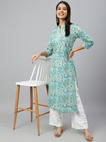 Thumbnail for Janasya Women's Mint Green Cotton Floral Printed Casual Straight Kurta - Distacart