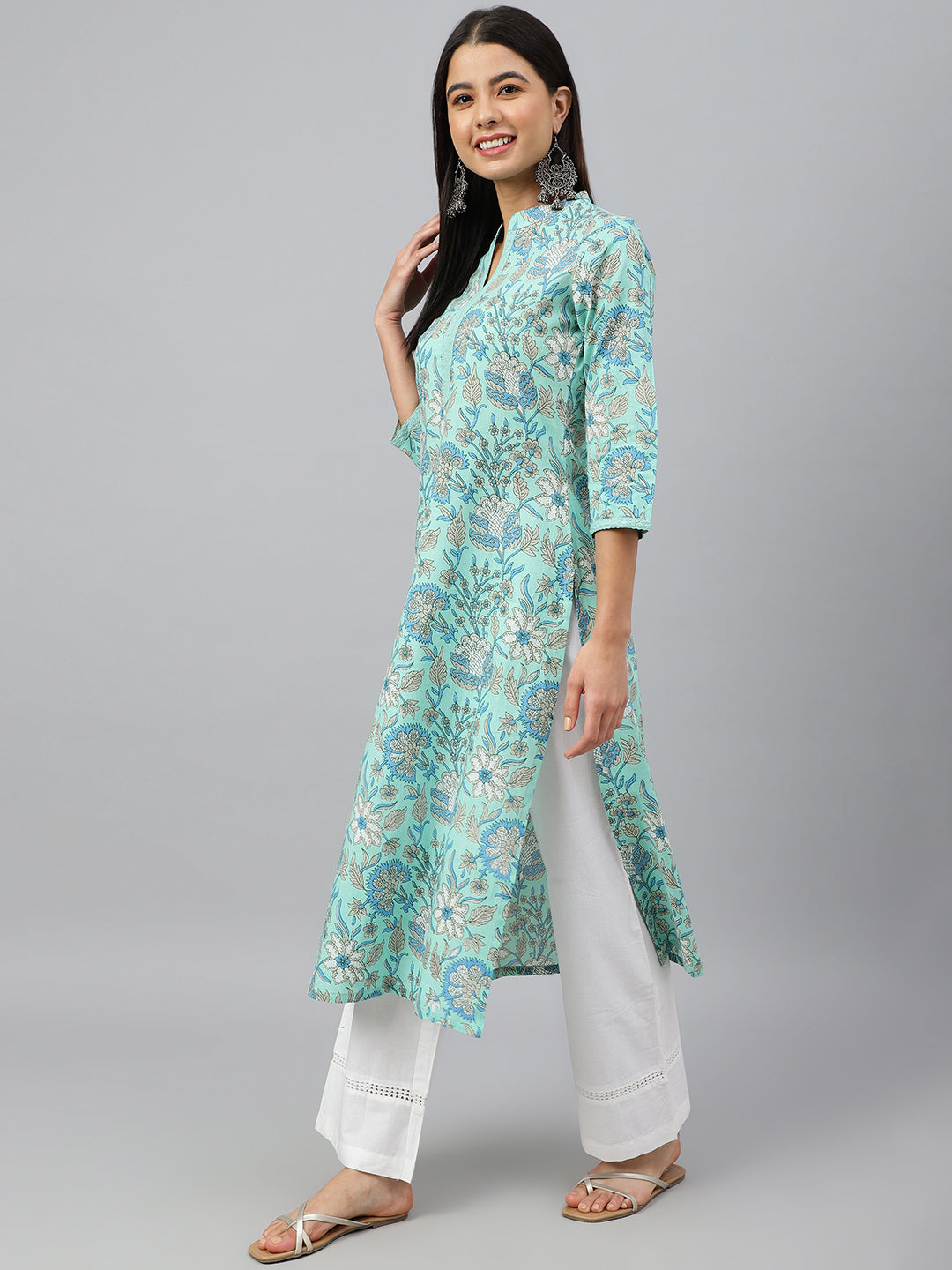 Janasya Women's Mint Green Cotton Floral Printed Casual Straight Kurta - Distacart