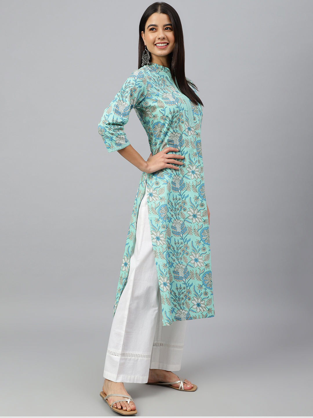 Janasya Women's Mint Green Cotton Floral Printed Casual Straight Kurta - Distacart