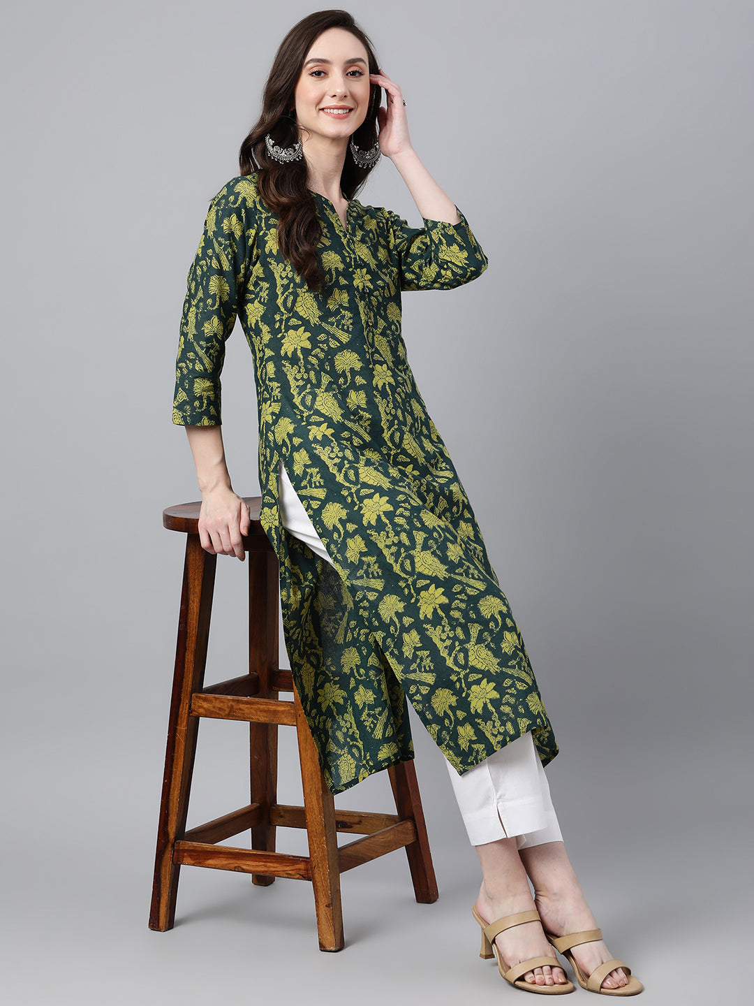 Janasya Women's Dark Green Cotton Floral Printed Casual Straight Kurta - Distacart