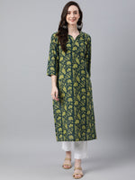 Thumbnail for Janasya Women's Dark Green Cotton Floral Printed Casual Straight Kurta - Distacart