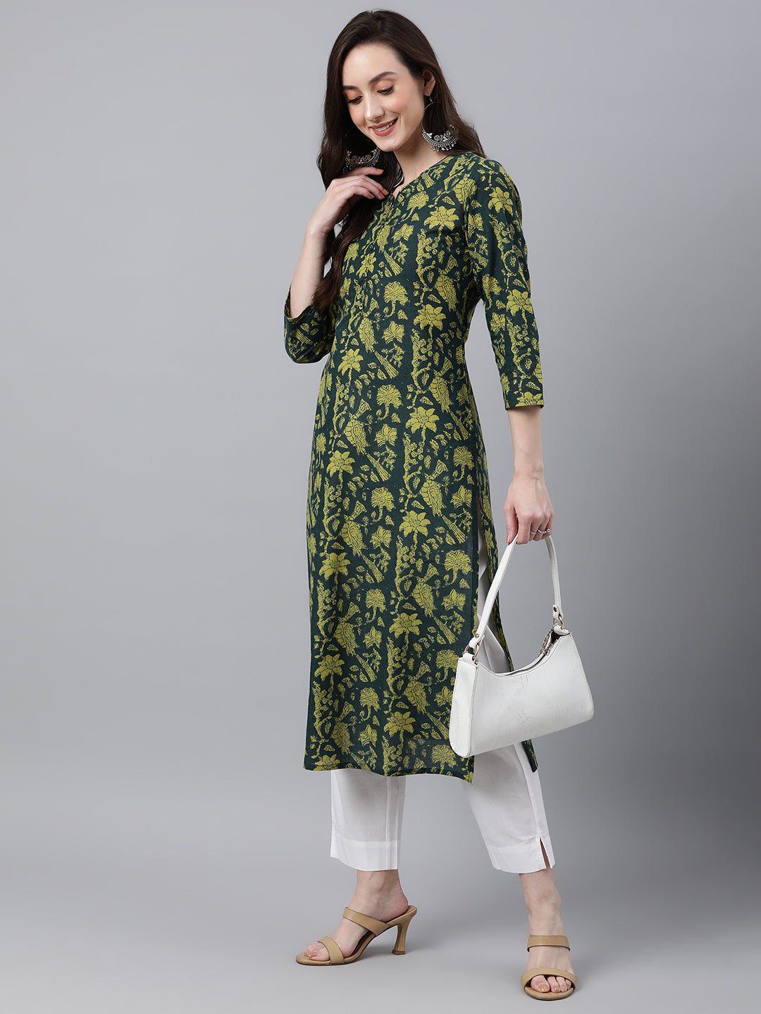 Janasya Women's Dark Green Cotton Floral Printed Casual Straight Kurta - Distacart