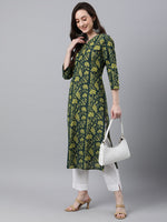 Thumbnail for Janasya Women's Dark Green Cotton Floral Printed Casual Straight Kurta - Distacart