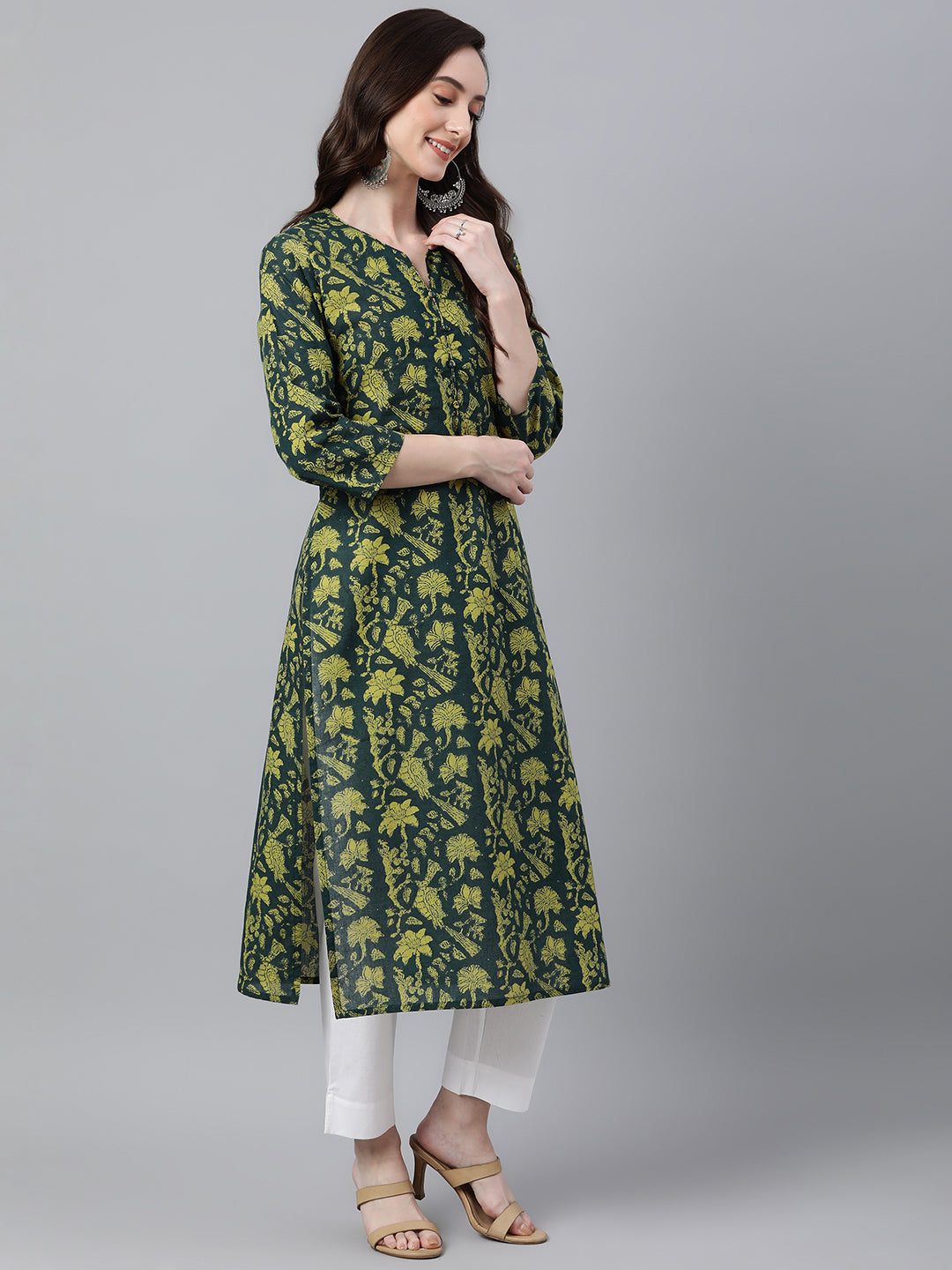 Janasya Women's Dark Green Cotton Floral Printed Casual Straight Kurta - Distacart