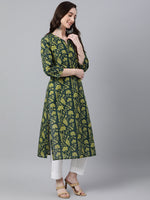 Thumbnail for Janasya Women's Dark Green Cotton Floral Printed Casual Straight Kurta - Distacart