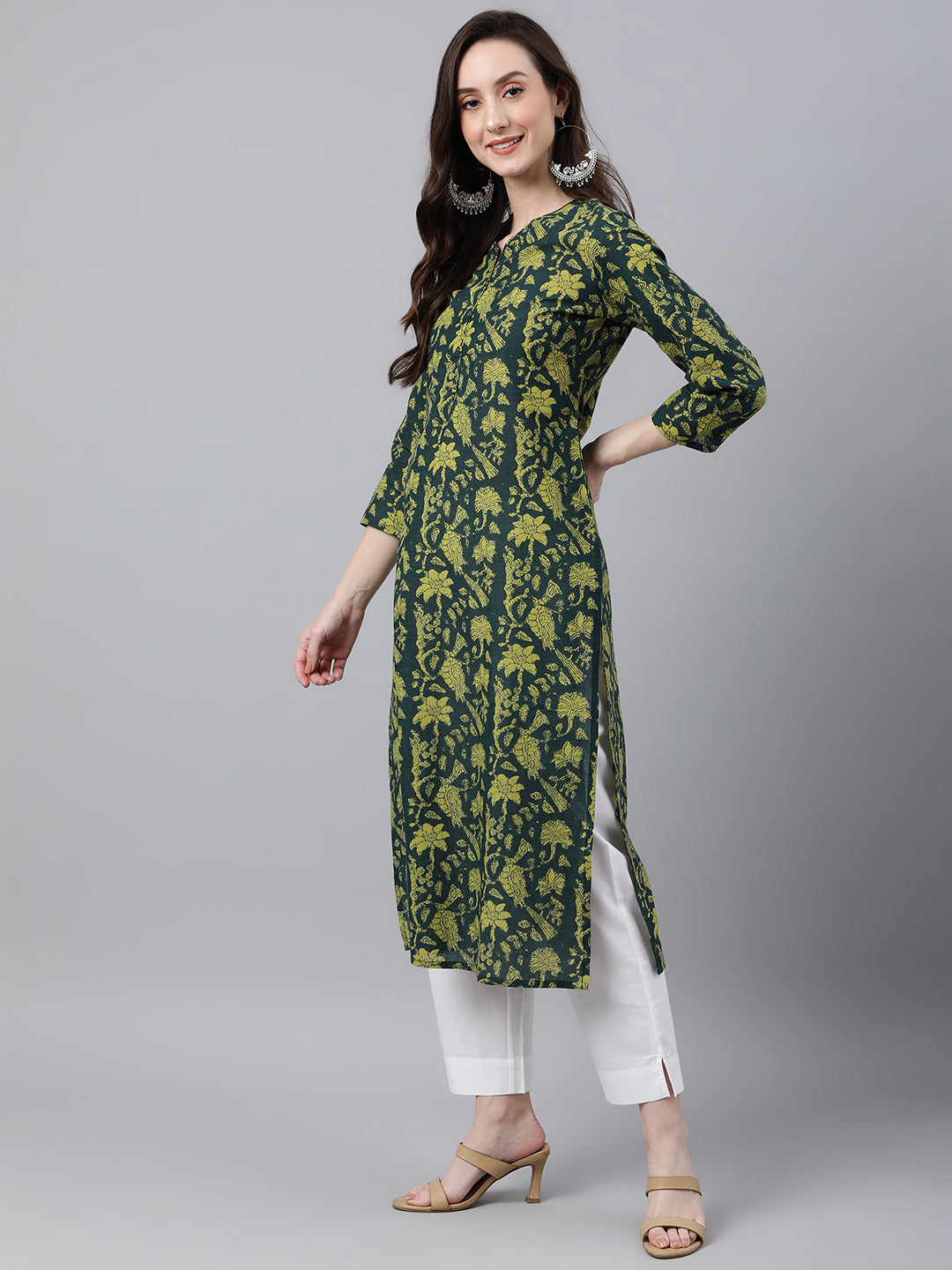 Janasya Women's Dark Green Cotton Floral Printed Casual Straight Kurta - Distacart