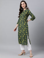 Thumbnail for Janasya Women's Dark Green Cotton Floral Printed Casual Straight Kurta - Distacart