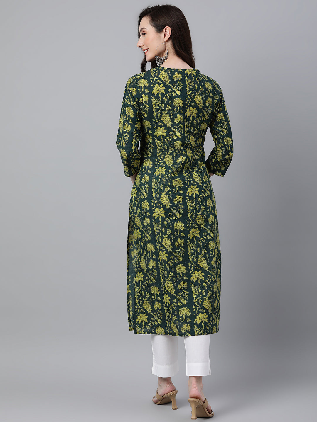 Janasya Women's Dark Green Cotton Floral Printed Casual Straight Kurta - Distacart