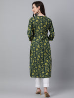 Thumbnail for Janasya Women's Dark Green Cotton Floral Printed Casual Straight Kurta - Distacart