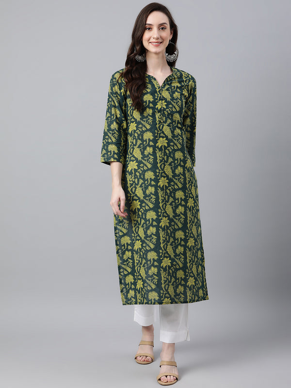 Janasya Women's Dark Green Cotton Floral Printed Casual Straight Kurta - Distacart
