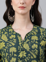 Thumbnail for Janasya Women's Dark Green Cotton Floral Printed Casual Straight Kurta - Distacart