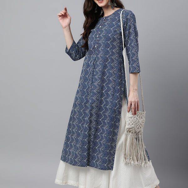 Janasya Women's Indigo Cotton Zig Zag Printed Casual Straight Kurta - Distacart