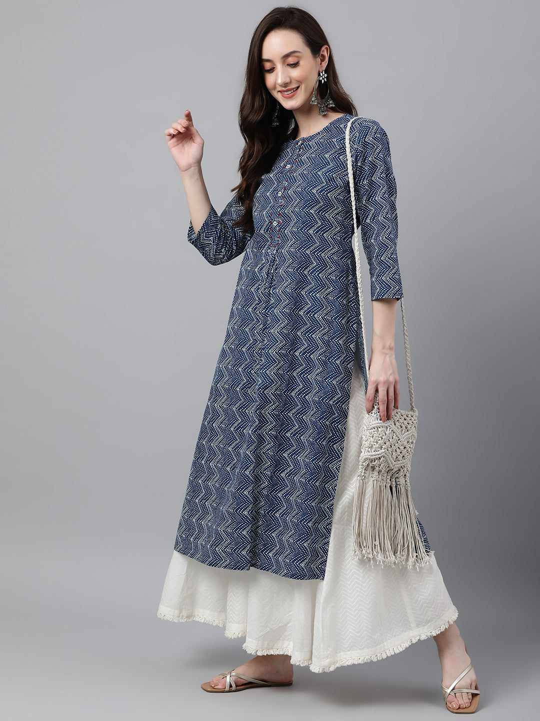 Janasya Women's Indigo Cotton Zig Zag Printed Casual Straight Kurta - Distacart