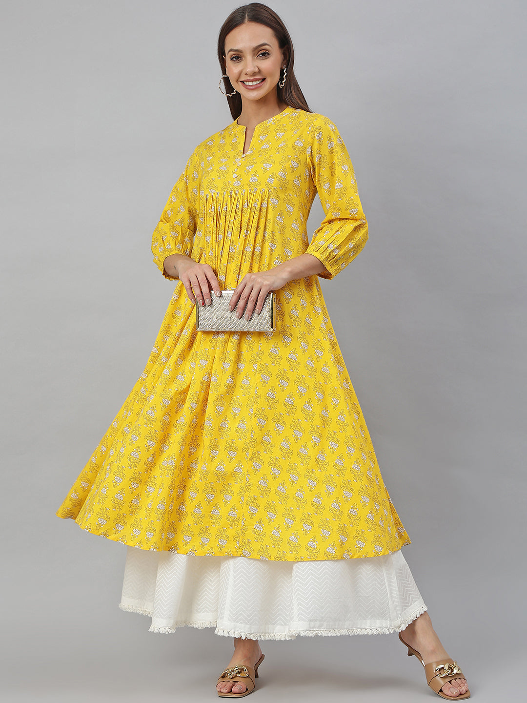 Janasya Women's Mustard Cotton Botanical Printed Casual Flared Kurta - Distacart