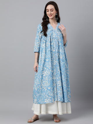 Janasya Women's Sky Blue Cotton Floral Printed Casual Flared Kurta - Distacart
