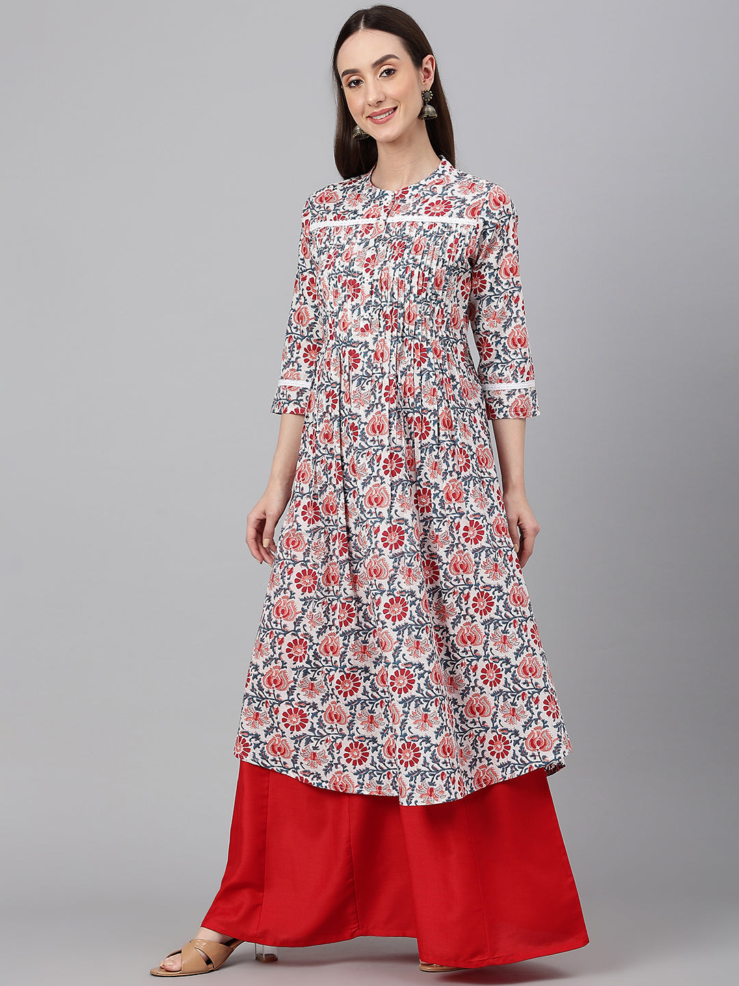 Janasya Women's White Cotton Floral Printed Casual Flared Kurta - Distacart