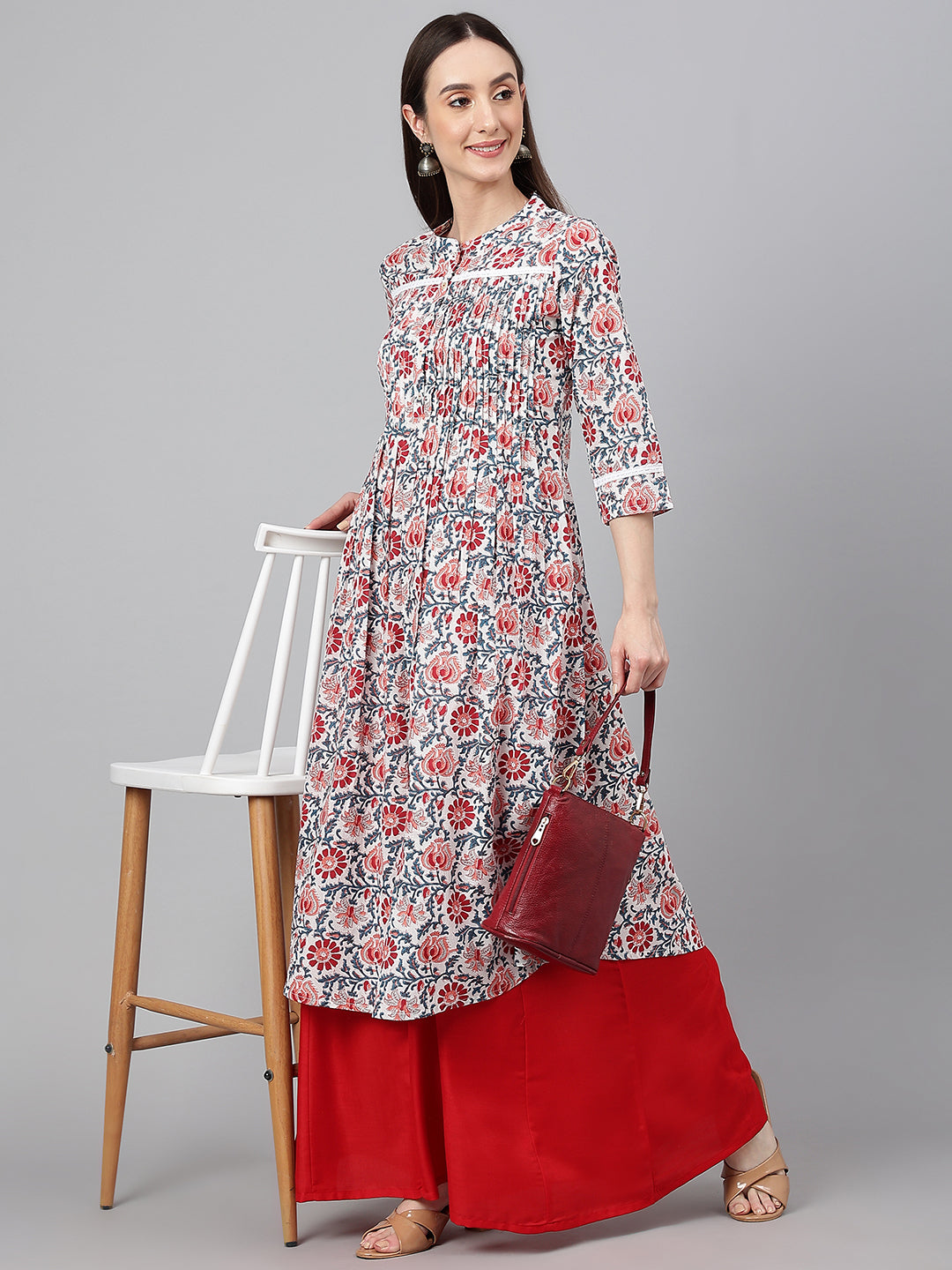 Janasya Women's White Cotton Floral Printed Casual Flared Kurta - Distacart