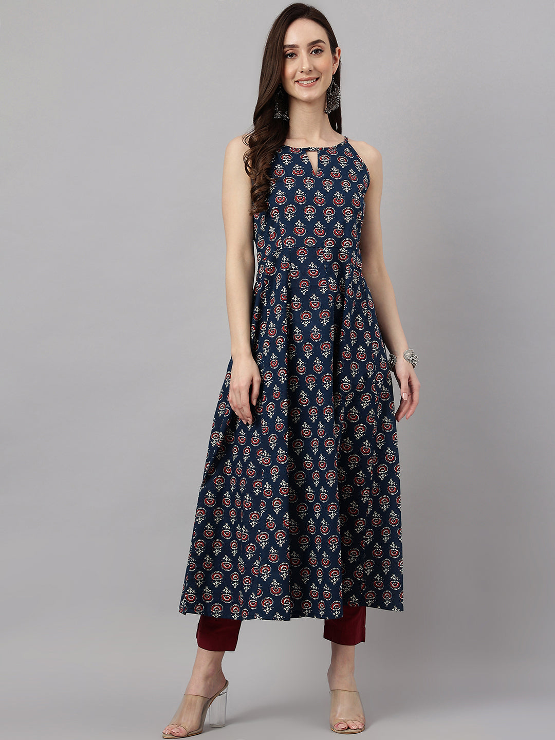 Janasya Women's Navy Blue Cotton Botanical Printed Casual Anarkali Kurta - Distacart