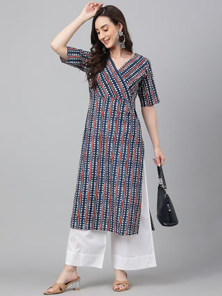 Janasya Women's Navy Blue Cotton Geometric Printed Casual Straight Kurta - Distacart