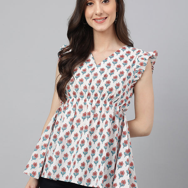 Janasya Women's White Cotton Floral Print Flared Top - Distacart