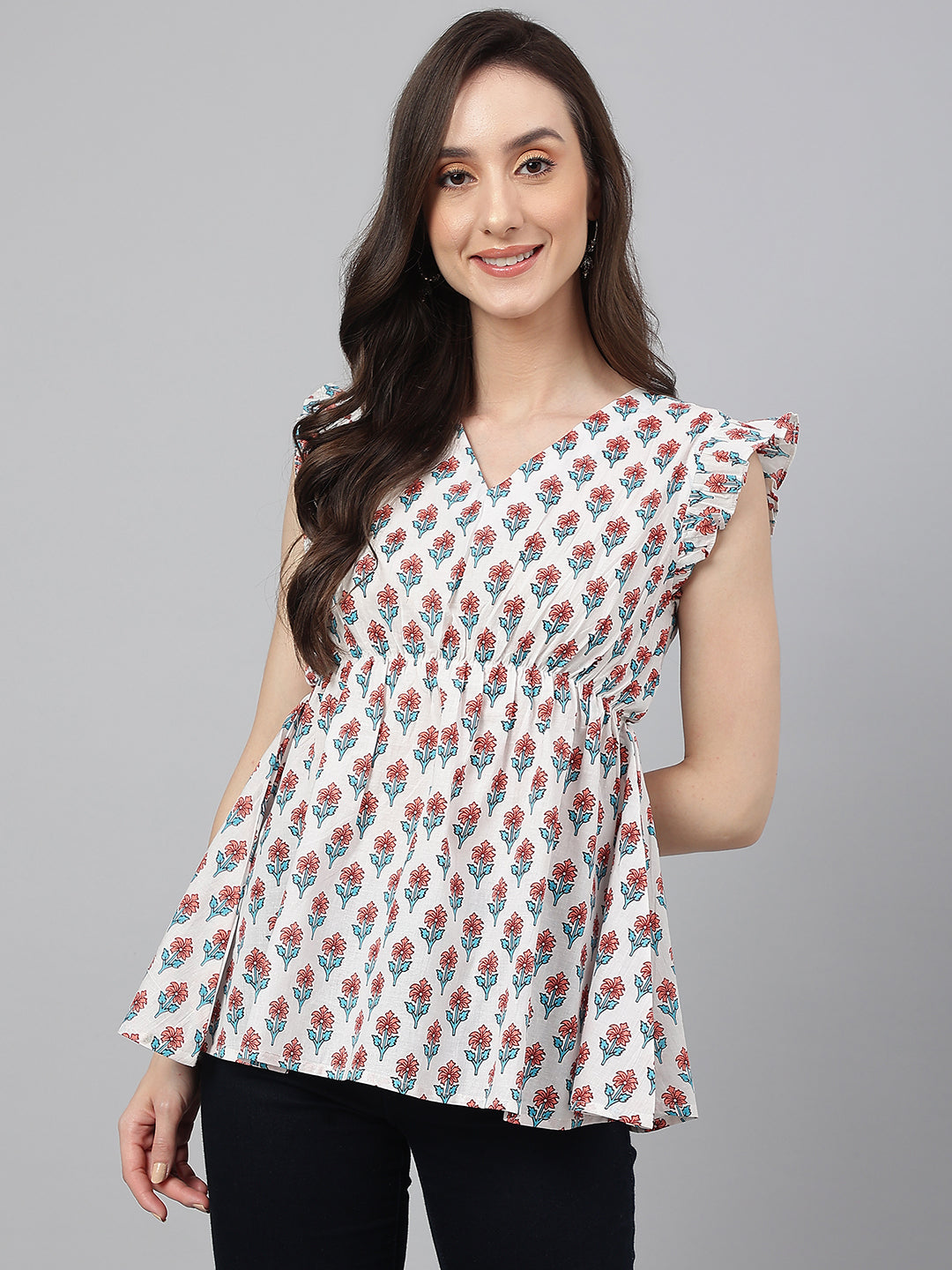Janasya Women's White Cotton Floral Print Flared Top - Distacart