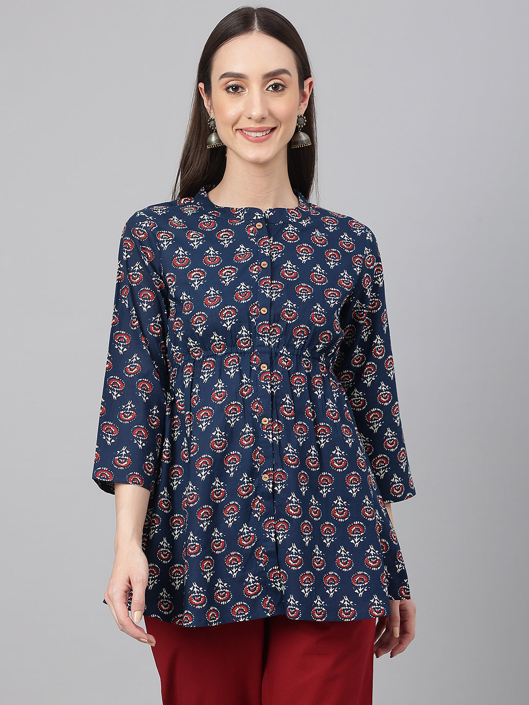 Janasya Women's Navy Blue Cotton Floral Print Peplum Top - Distacart