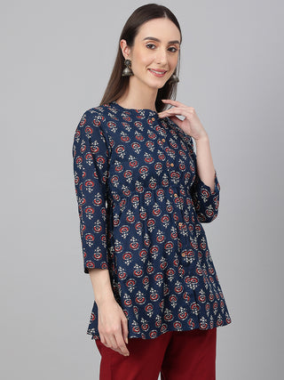Janasya Women's Navy Blue Cotton Floral Print Peplum Top - Distacart