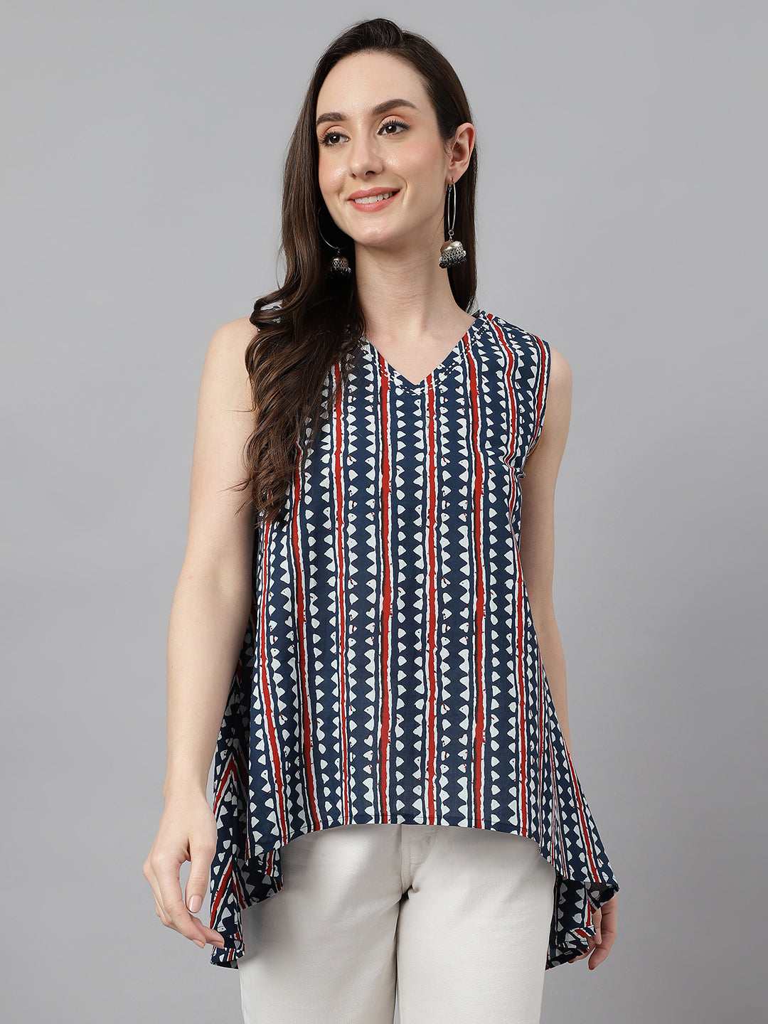 Janasya Women's Navy Blue Cotton Geometric Print High Low Top - Distacart