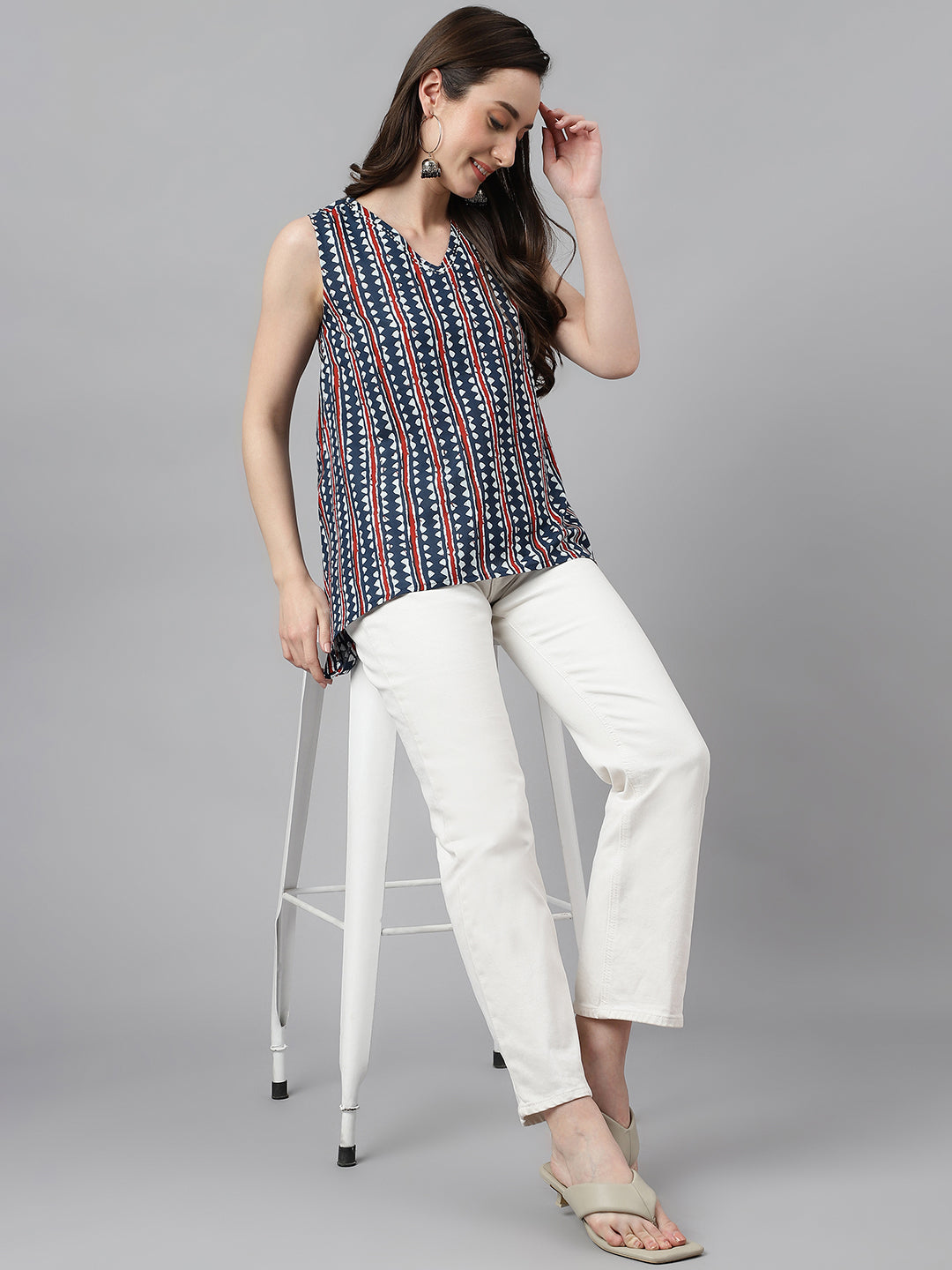 Janasya Women's Navy Blue Cotton Geometric Print High Low Top - Distacart