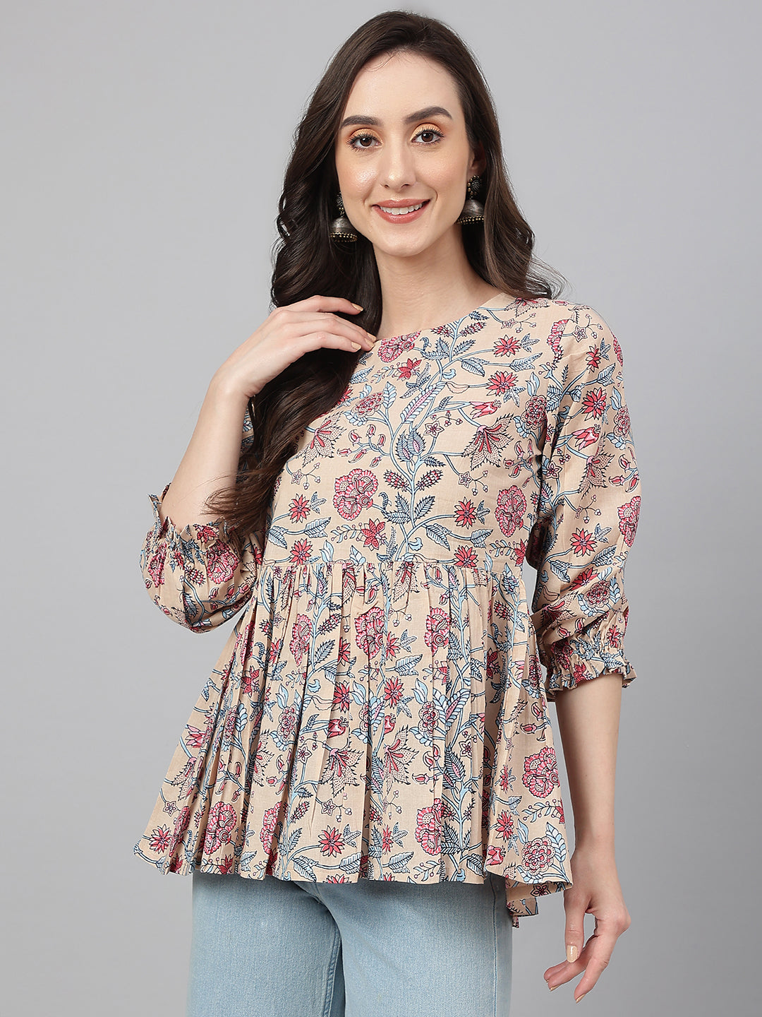 Janasya Women's Beige Cotton Floral Print Peplum Top - Distacart