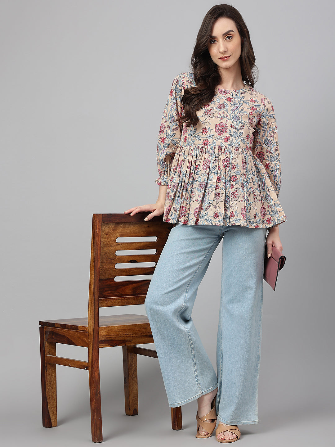 Janasya Women's Beige Cotton Floral Print Peplum Top - Distacart