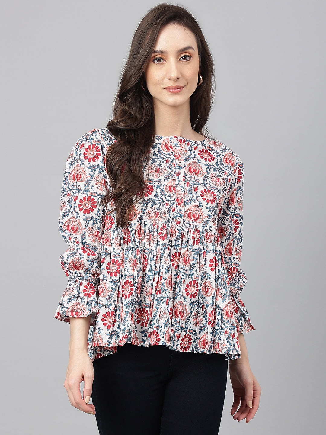 Janasya Women's White Cotton Floral Print Flared Top - Distacart