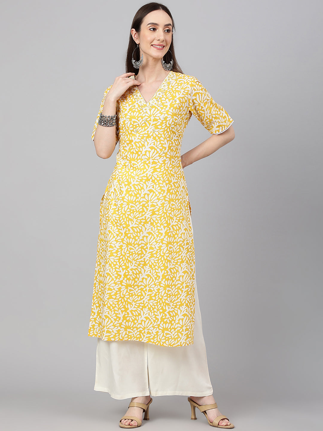 Janasya Women's Yellow Cambric Cotton Printed Casual Straight Kurta - Distacart