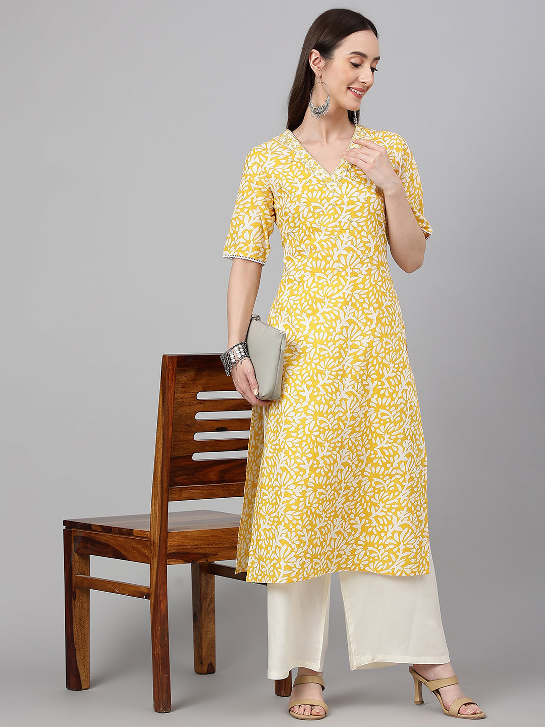 Janasya Women's Yellow Cambric Cotton Printed Casual Straight Kurta - Distacart