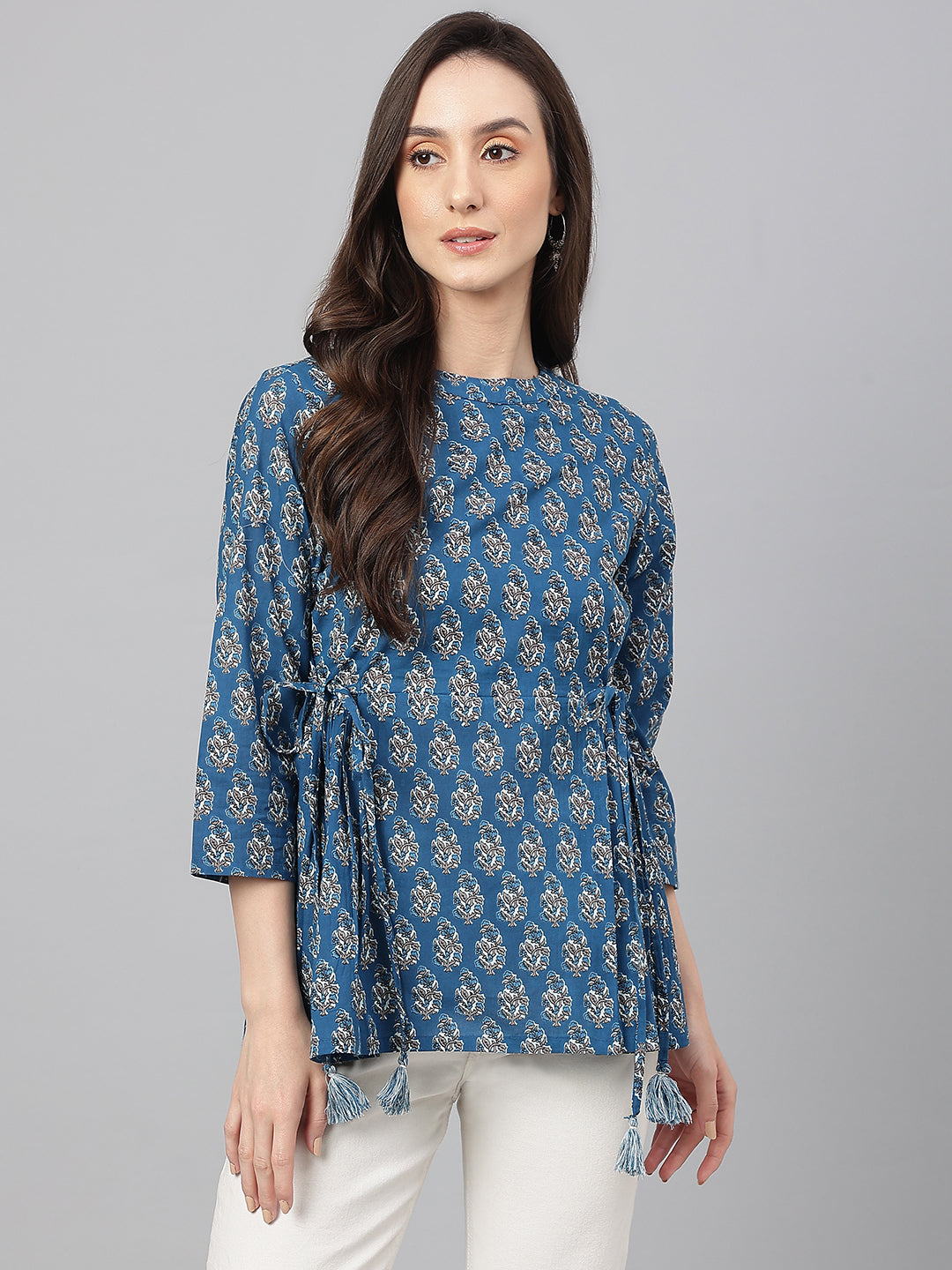 Janasya Women's Teal Cotton Floral Print Flared Top - Distacart