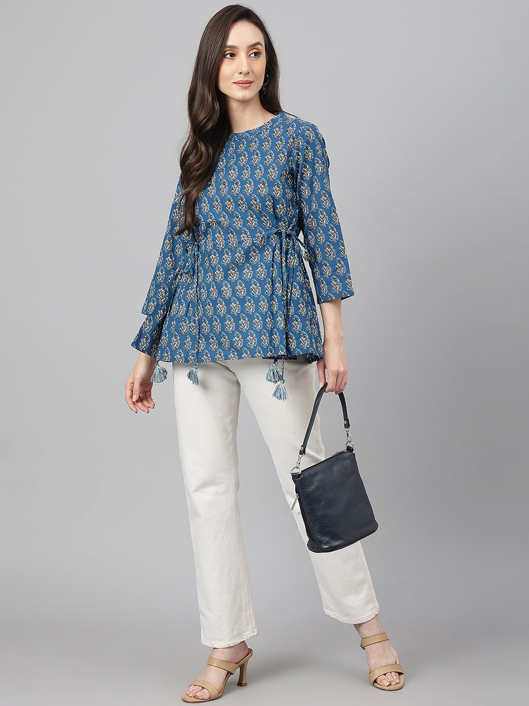 Janasya Women's Teal Cotton Floral Print Flared Top - Distacart