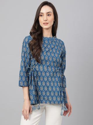 Janasya Women's Teal Cotton Floral Print Flared Top - Distacart