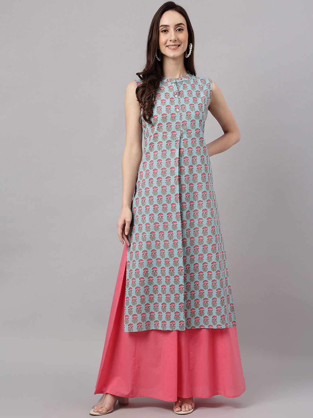 Janasya Women's Aqua Blue Cotton Botanical Printed Casual Straight Kurta - Distacart