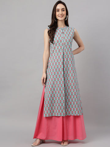 Janasya Women's Aqua Blue Cotton Botanical Printed Casual Straight Kurta - Distacart