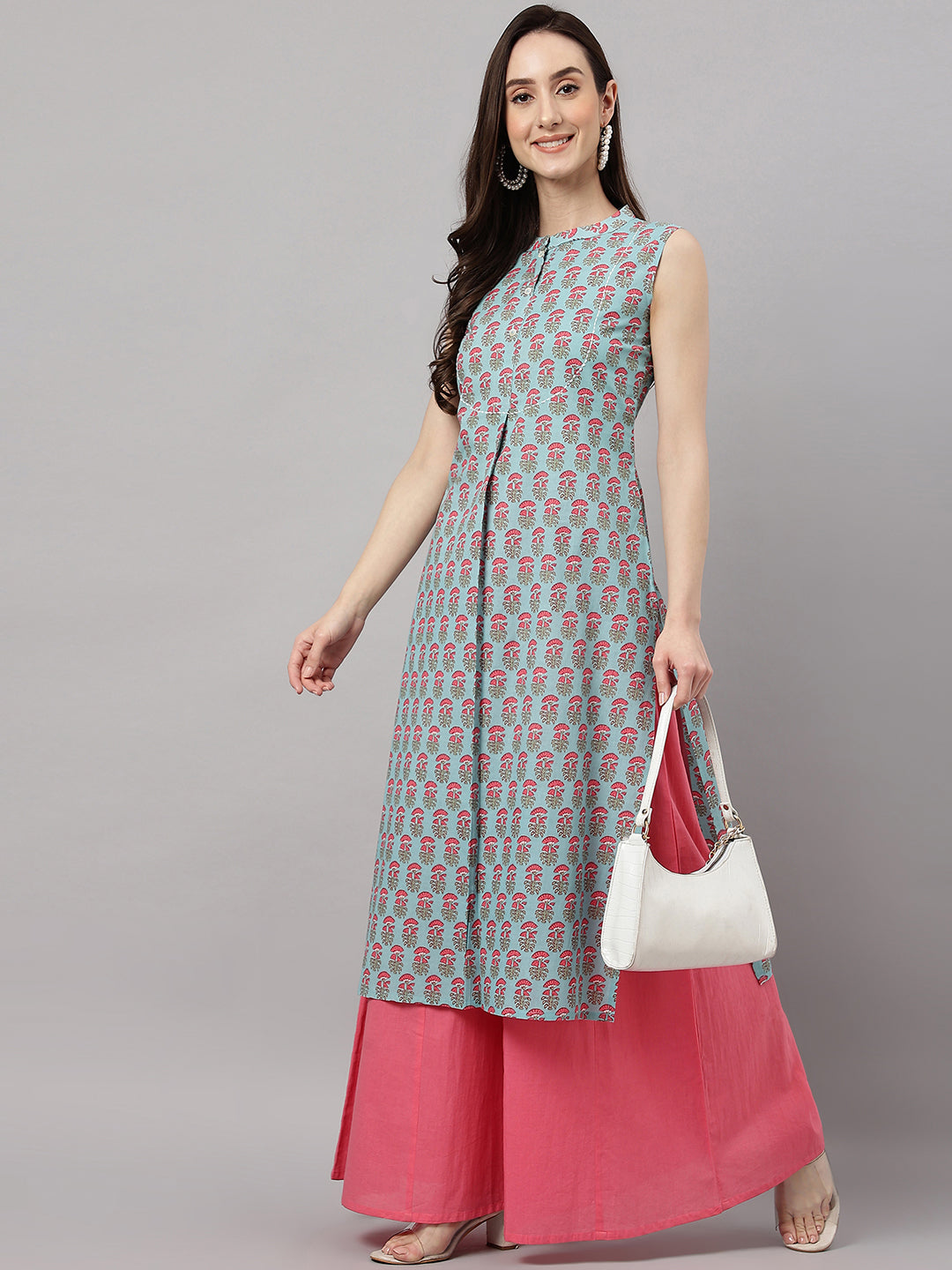 Janasya Women's Aqua Blue Cotton Botanical Printed Casual Straight Kurta - Distacart