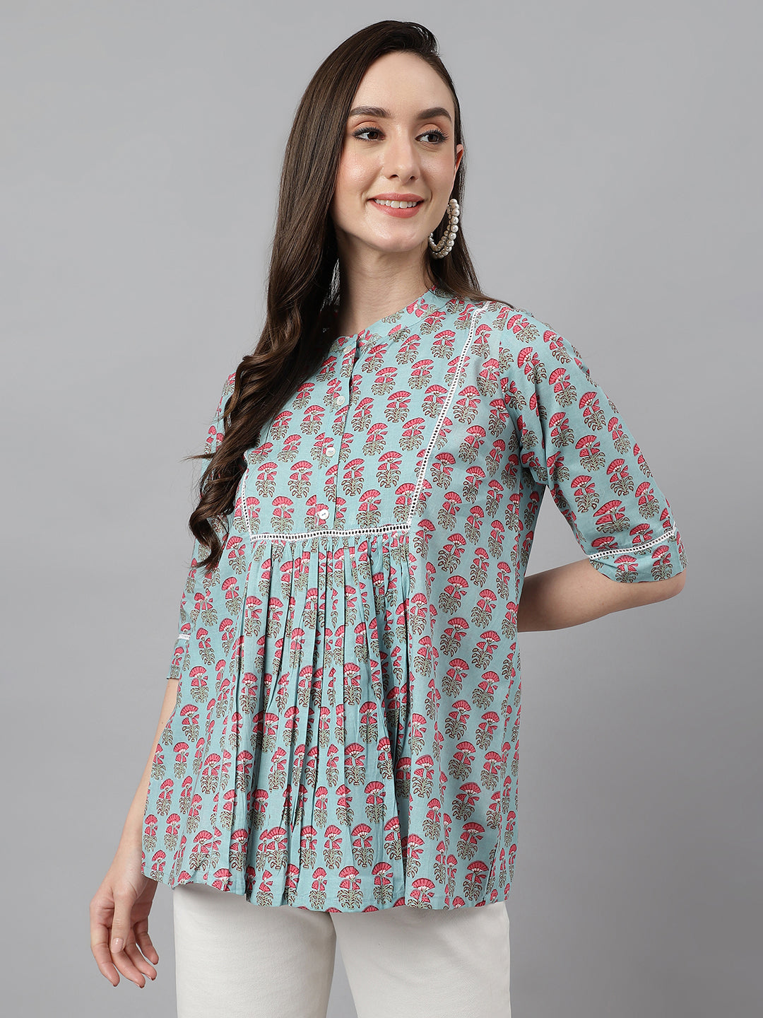 Janasya Women's Aqua Blue Cotton Floral Print A-Line Top - Distacart