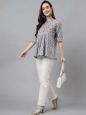 Janasya Women's Aqua Blue Cotton Floral Print A-Line Top - Distacart