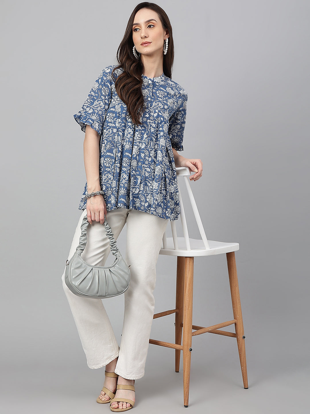 Janasya Women's Blue Cotton Floral Print Flared Top - Distacart