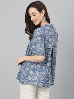 Thumbnail for Janasya Women's Blue Cotton Floral Print Flared Top - Distacart