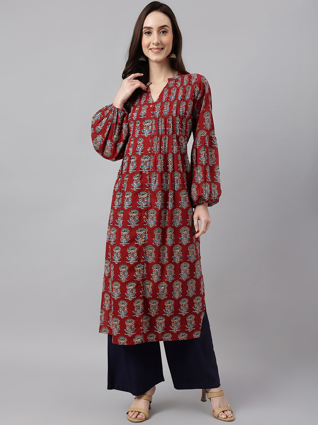 Janasya Women's Maroon Cotton Floral Printed Casual Flared Kurta - Distacart